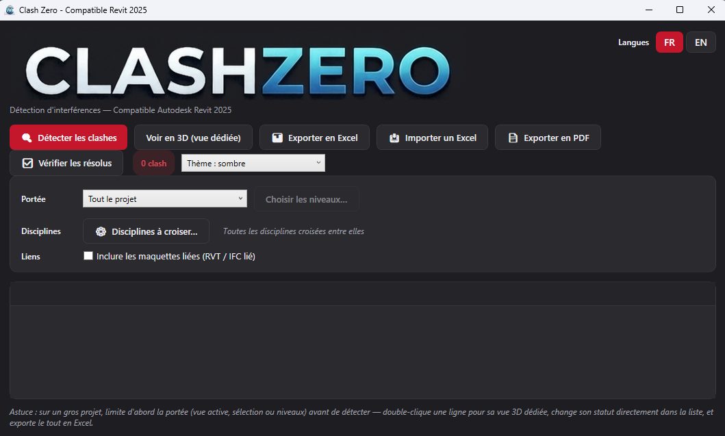 Fenêtre principale de Clash Zero dans Revit 2025 : détection des clashs, vue 3D dédiée, export et import Excel, export PDF